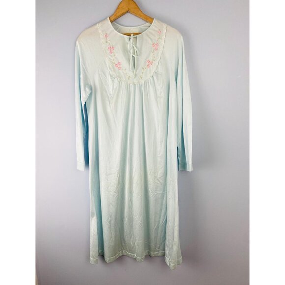 Vtg NWT Shadowline Nightgown Embroidered Detail, Size S, Light Blue, Long Sleeve - Picture 2 of 9